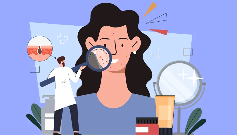 Doctor examining a woman's face with a magnifying glass